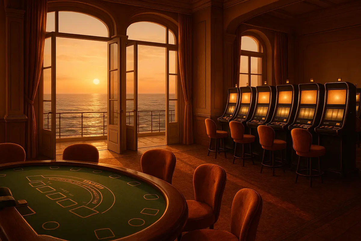 Seaside casino hall with slot machines at sunset